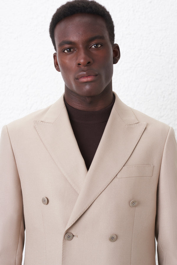 Regular Fit Double-Breasted Suit with Diagonal Weave