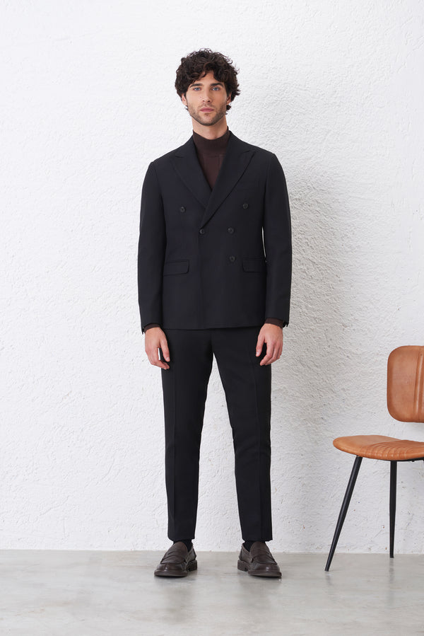 Regular Fit Double-Breasted Suit with Diagonal Weave