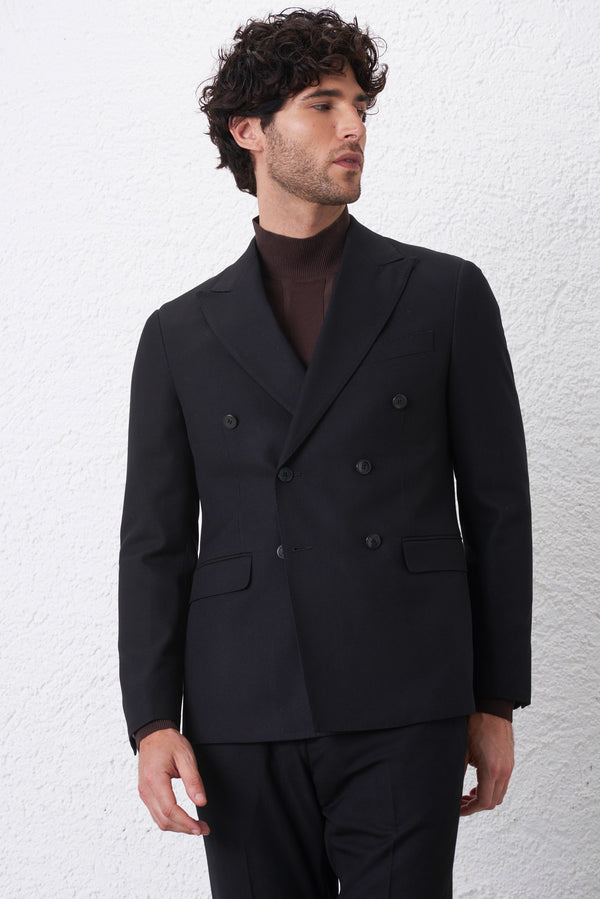 Regular Fit Double-Breasted Suit with Diagonal Weave