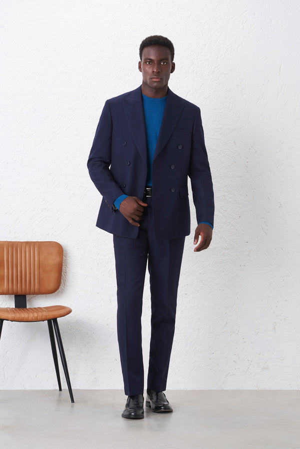 Regular Fit Double-Breasted Suit with Diagonal Weave