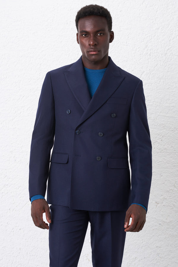 Regular Fit Double-Breasted Suit with Diagonal Weave