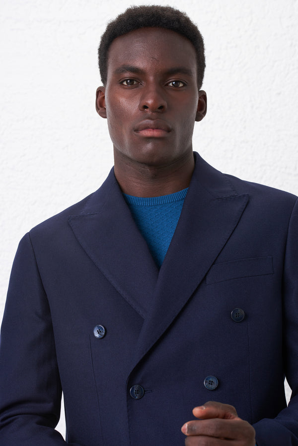 Regular Fit Double-Breasted Suit with Diagonal Weave