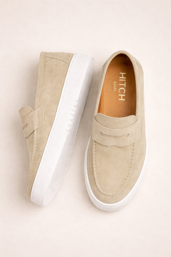 Mocassino Beige in Camoscio con Suola in Gomma