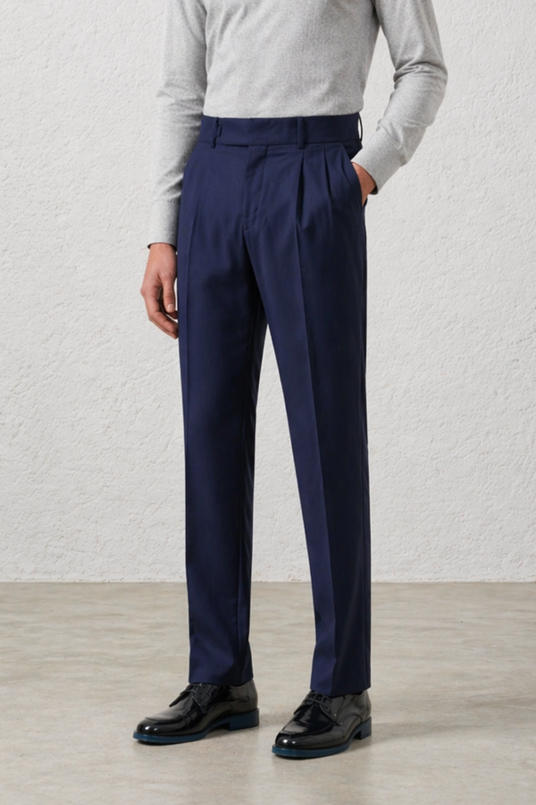 Abito Doppiopetto Blu in Fresco Lana con Pantalone Vita Alta