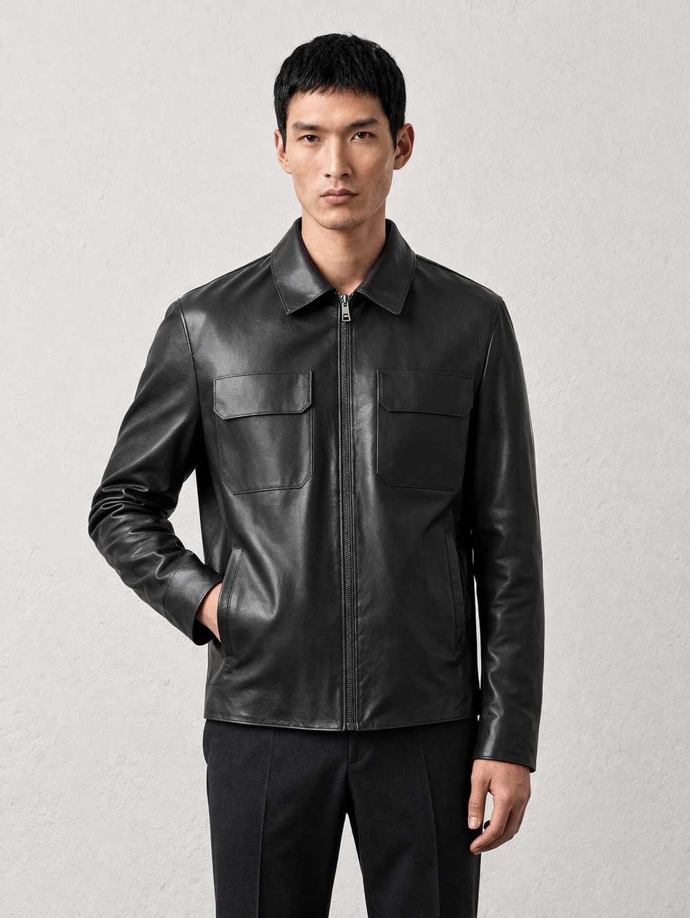 Giubbino Nero in Ecopelle con Zip e Tasche Frontali