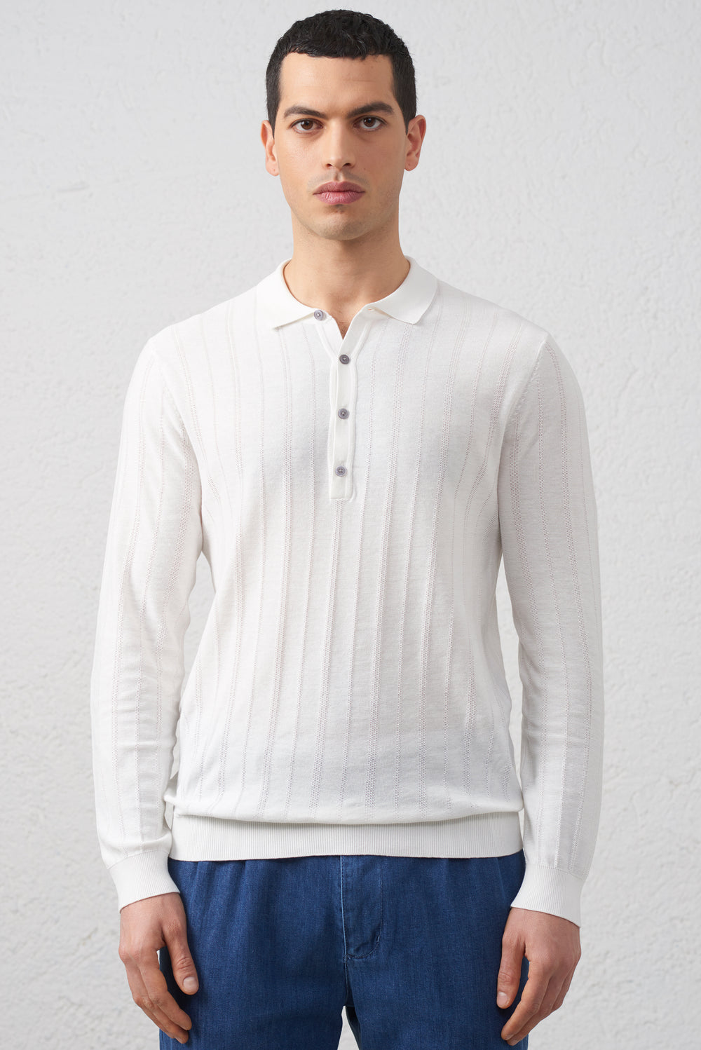 Polo in Maglia Manica lunga in Cotone Filato 2/60 Bianco