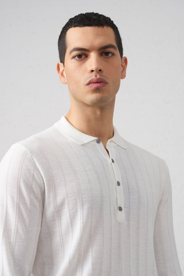 Polo in Maglia Manica lunga in Cotone Filato 2/60 Bianco