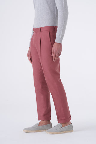 Pantaloni lino cotone con trama spigata
