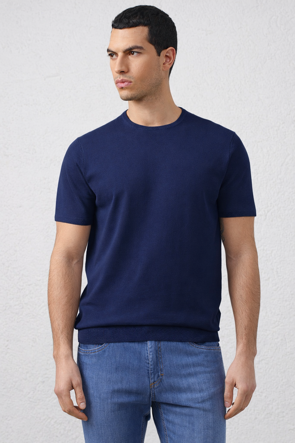 Girocollo manica corta Blu in Cotone Filato 2/60