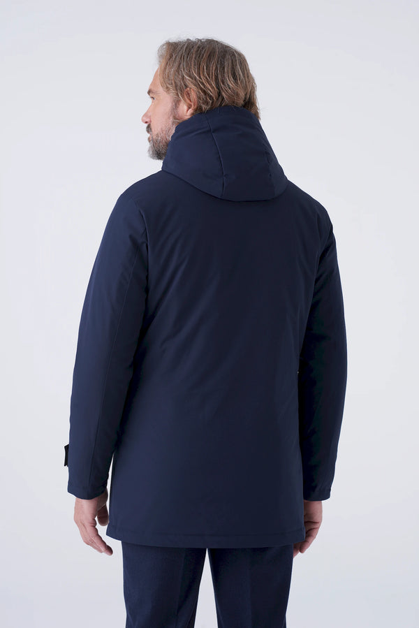 Long padded parka in technical fabric