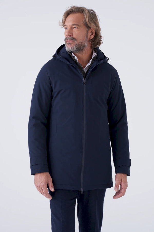 Long padded parka in technical fabric