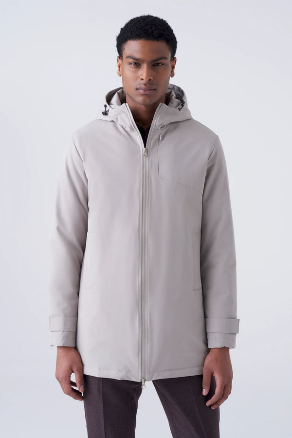 Long padded parka in technical fabric
