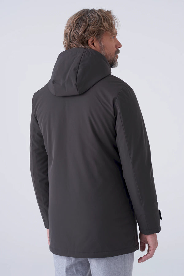 Long padded parka in technical fabric