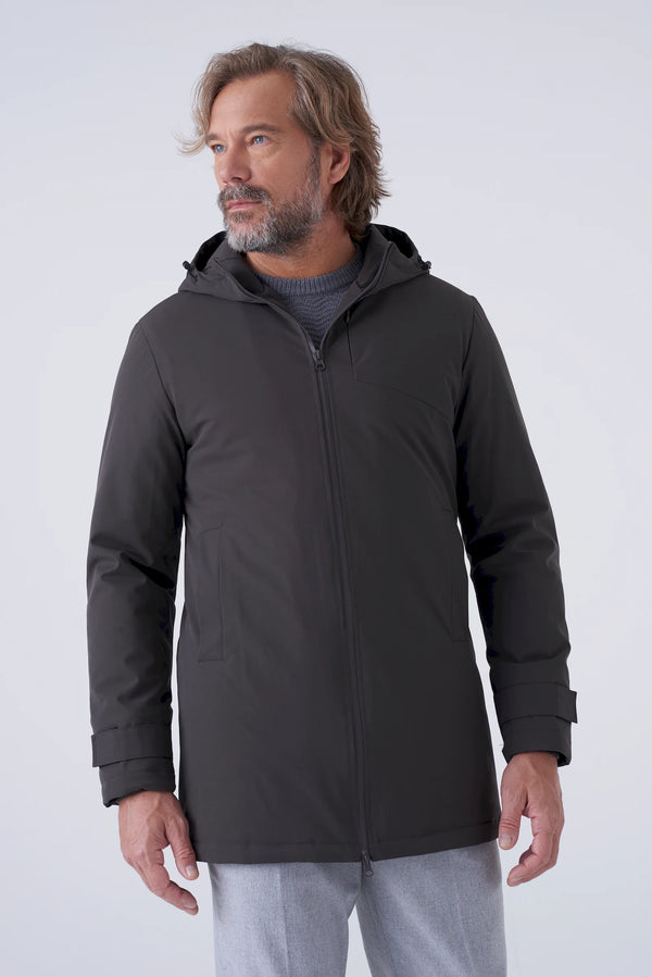 Long padded parka in technical fabric