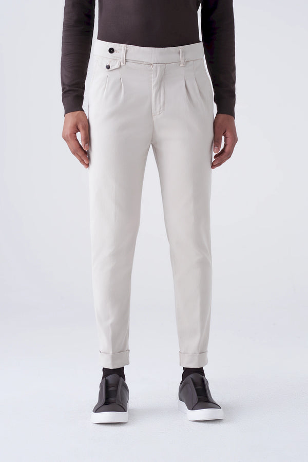 High-waisted trousers and long faux fur