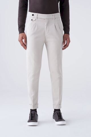 High-waisted trousers and long faux fur