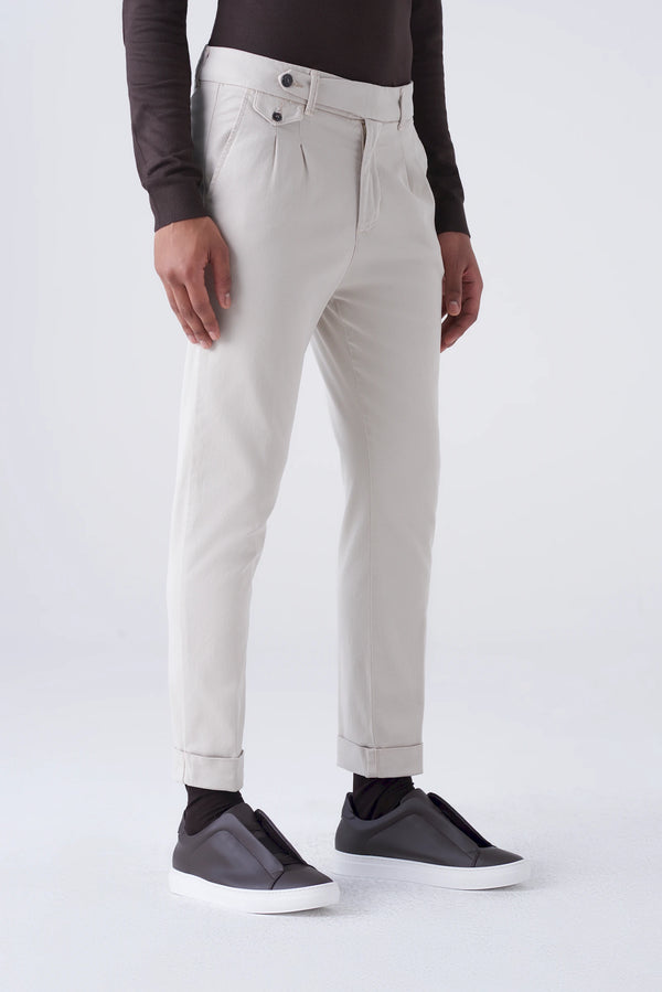 High-waisted trousers and long faux fur
