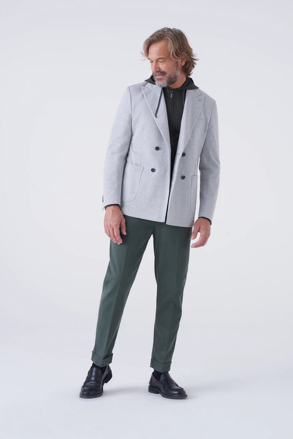 High-waisted trousers and long faux fur