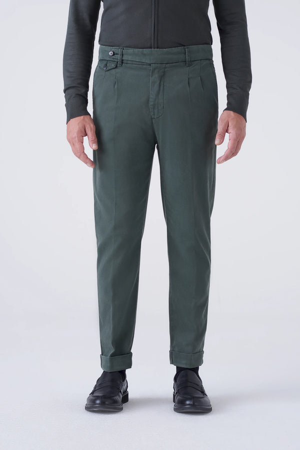 High-waisted trousers and long faux fur
