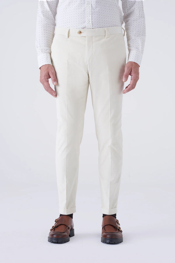 Cream velvet trousers with pinstripes