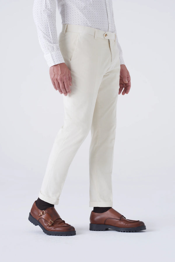 Cream velvet trousers with pinstripes