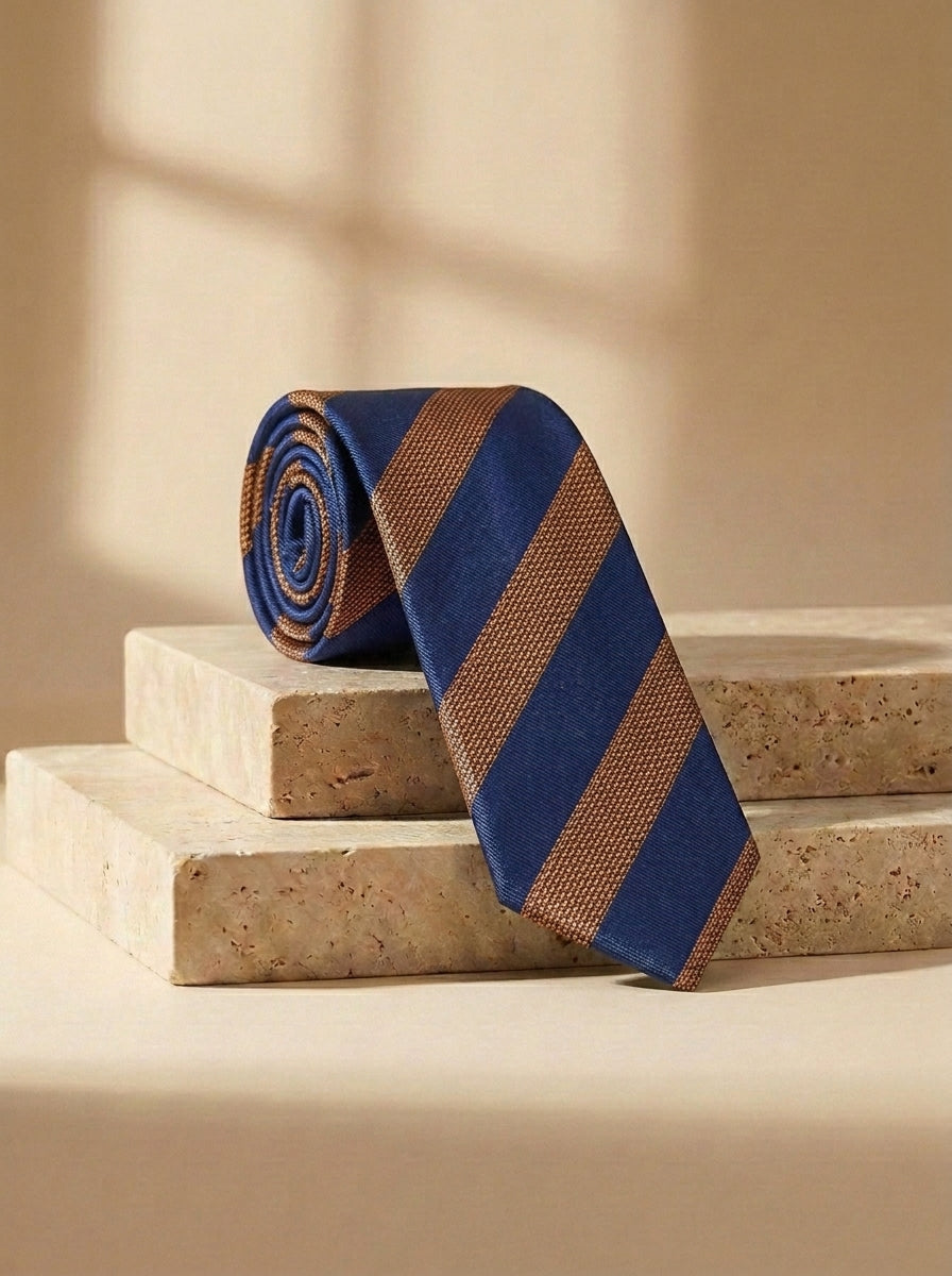 Cravatta Regimental Blu Navy e Marrone a Righe Larghe