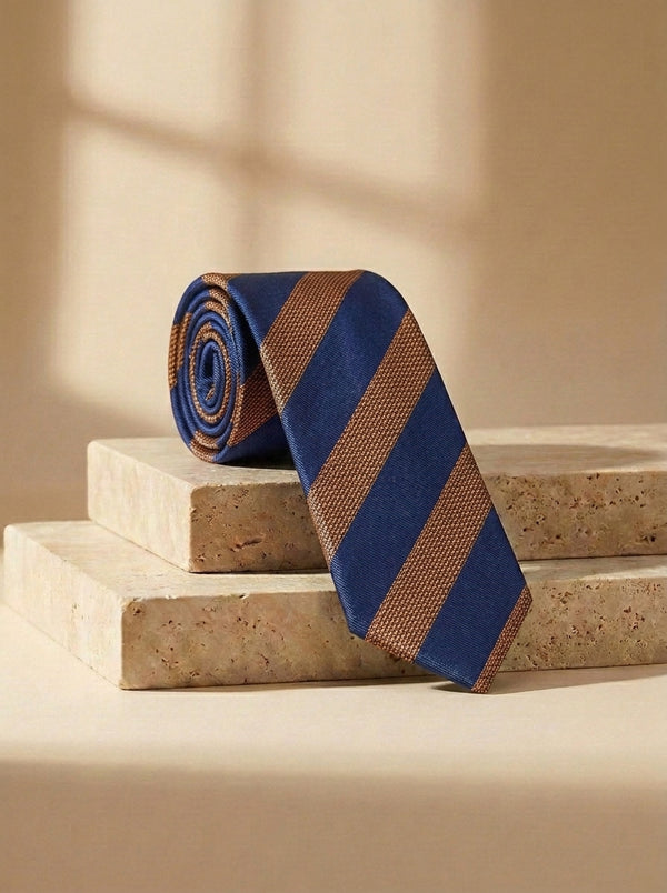 Cravatta Regimental Blu Navy e Marrone a Righe Larghe