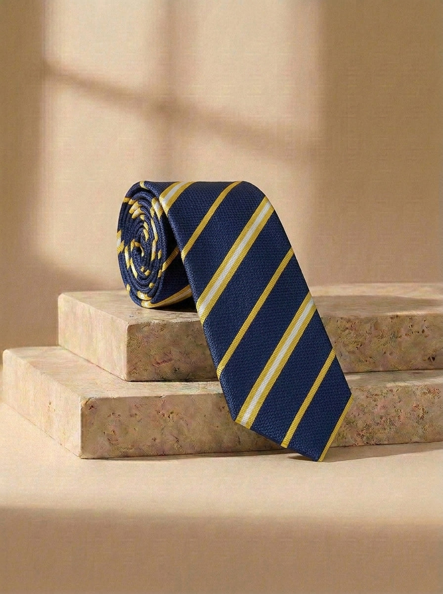 Cravatta Regimental Blu Navy a Righe Gialle e Bianche