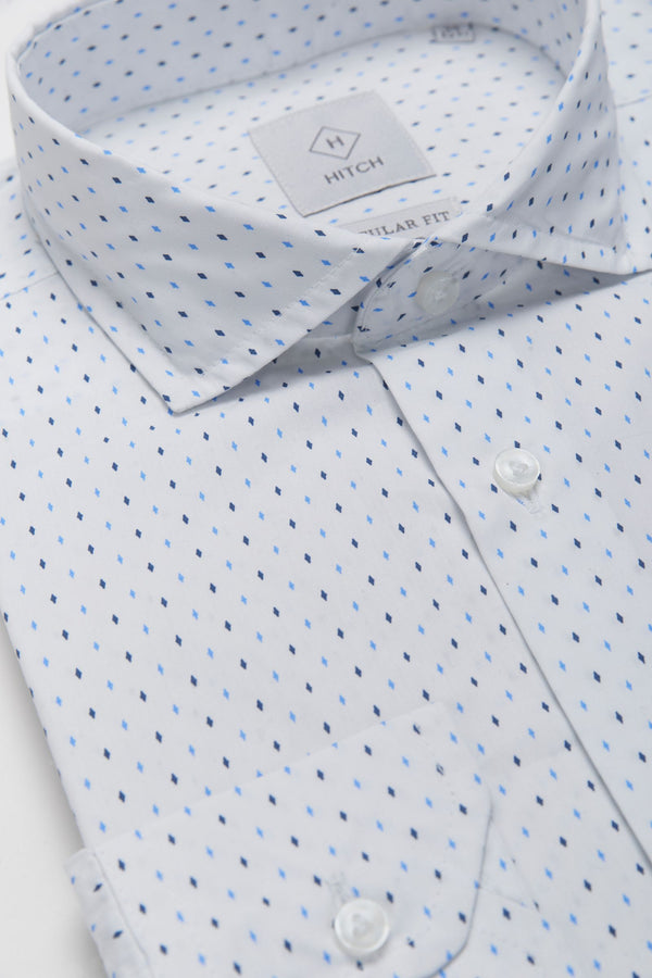 Camicia cotone fantasia micro geometrica azzurra e blu