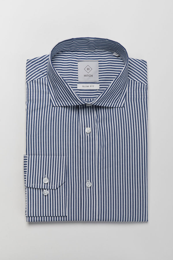 Camicia righe blu collo francese slim fit