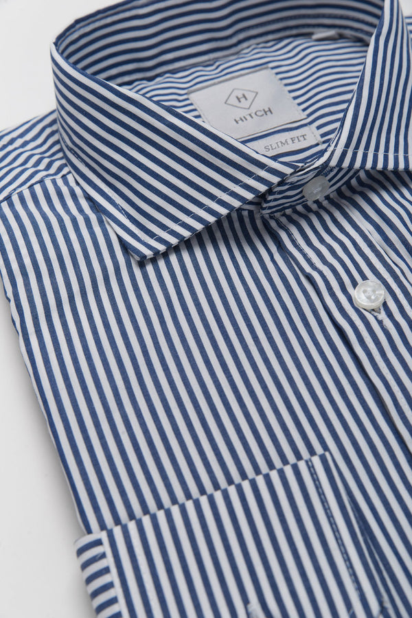 Camicia righe blu collo francese slim fit