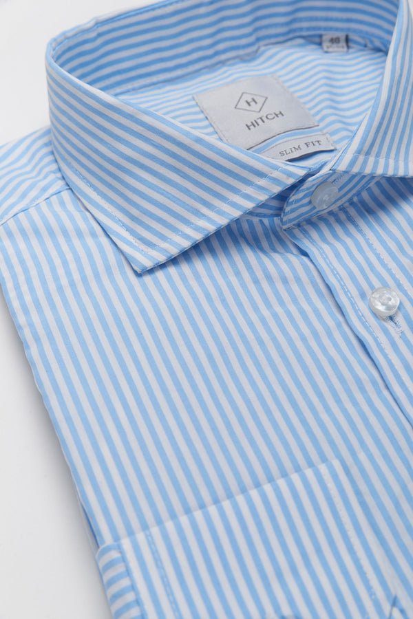 Camicia righe celeste collo francese slim fit