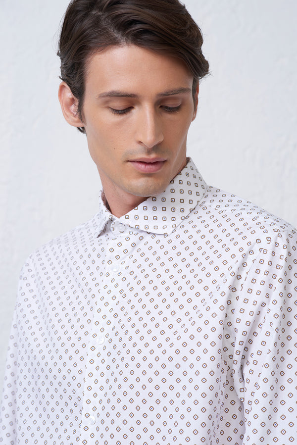 Camicia bianca collo francese micr-fantasia rombi bicolore