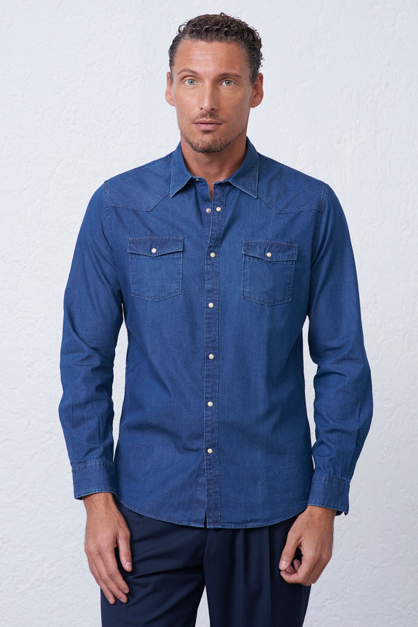 Camicia in Jeans con Tasche e Bottoni a Pressione
