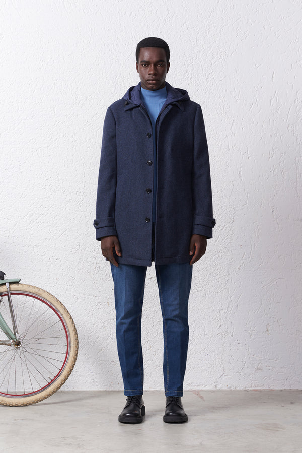 Cappotto Blu Misto Lana con Cappuccio Removibile