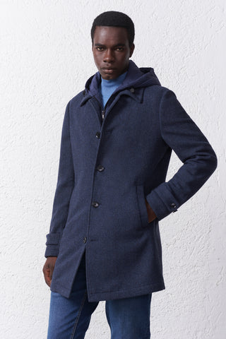 Cappotto Blu Misto Lana con Cappuccio Removibile