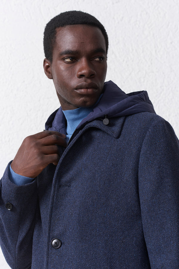 Cappotto Blu Misto Lana con Cappuccio Removibile