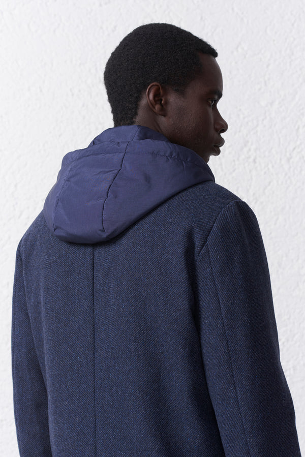 Cappotto Blu Misto Lana con Cappuccio Removibile