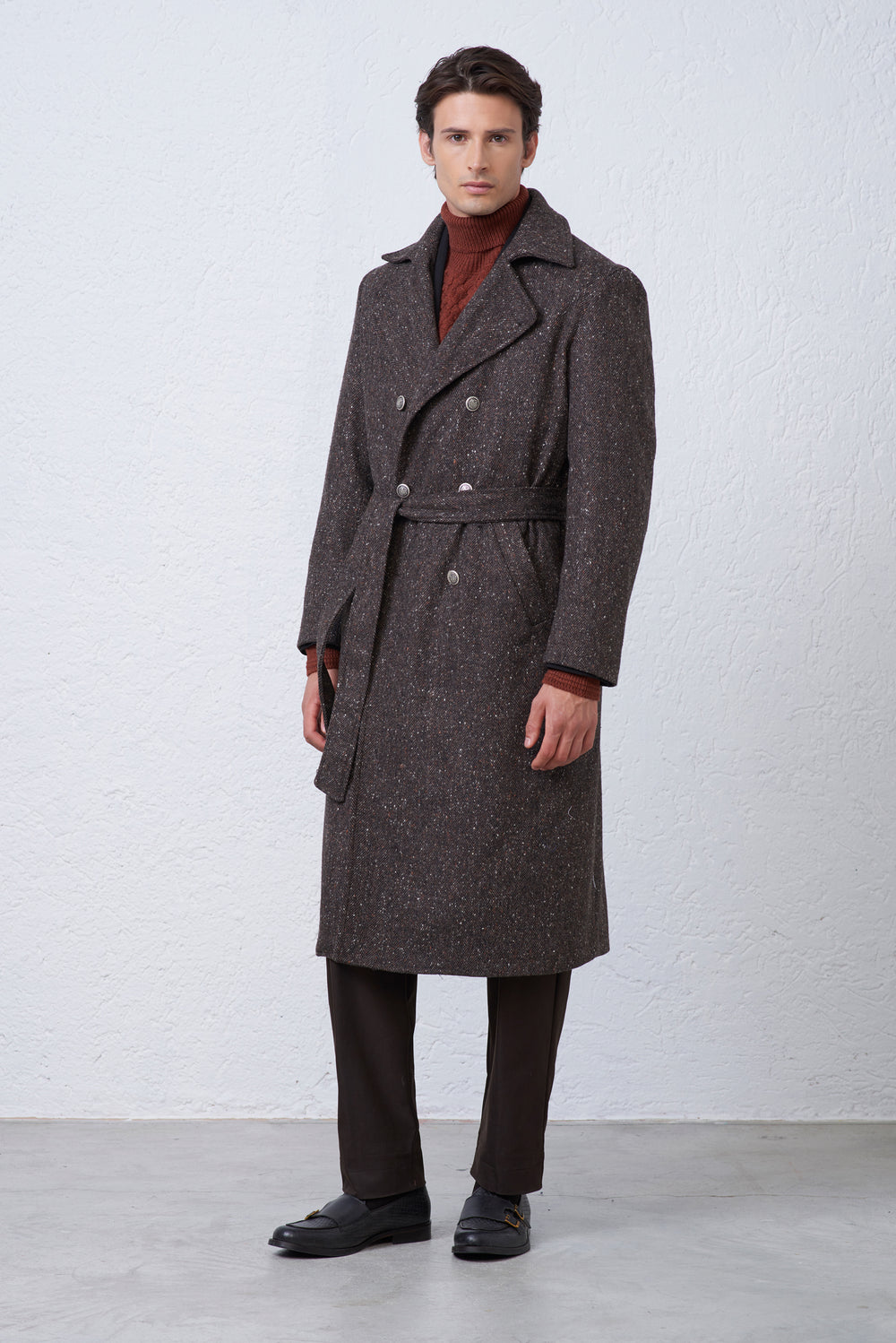 Cappotto Doppiopetto con Cintura in Misto Lana