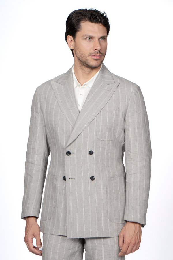 Giacca Doppiopetto Grigia Gessata in 100% Lino – Comfort Fit