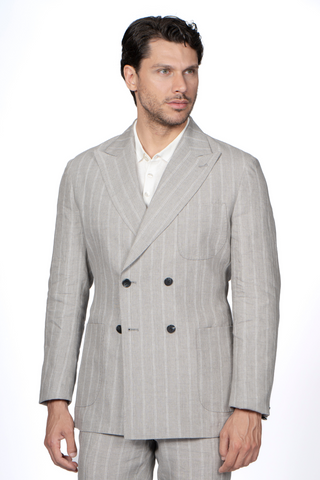 Giacca Doppiopetto Grigia Gessata in 100% Lino – Comfort Fit