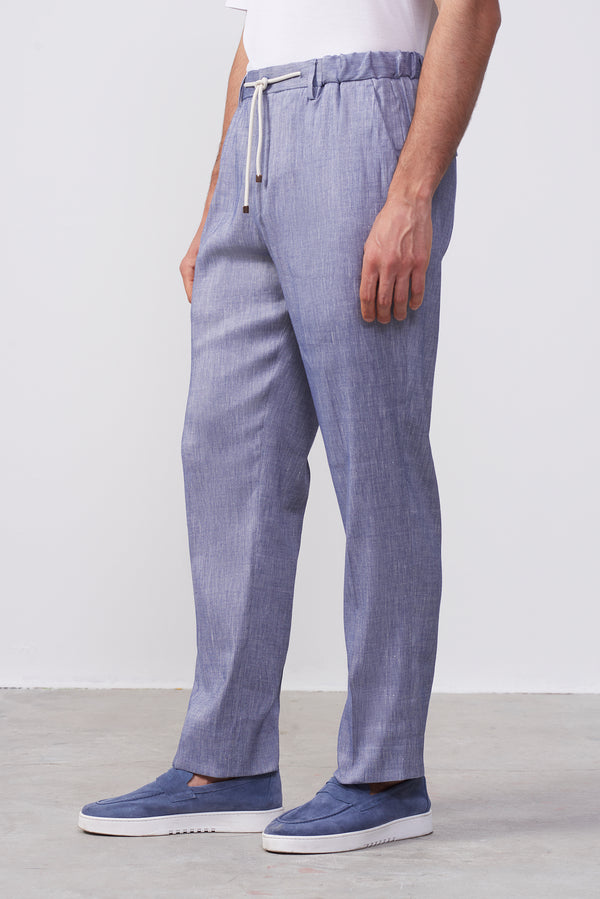 Pantalone  misto lino Celeste con Coulisse e Fit Relax