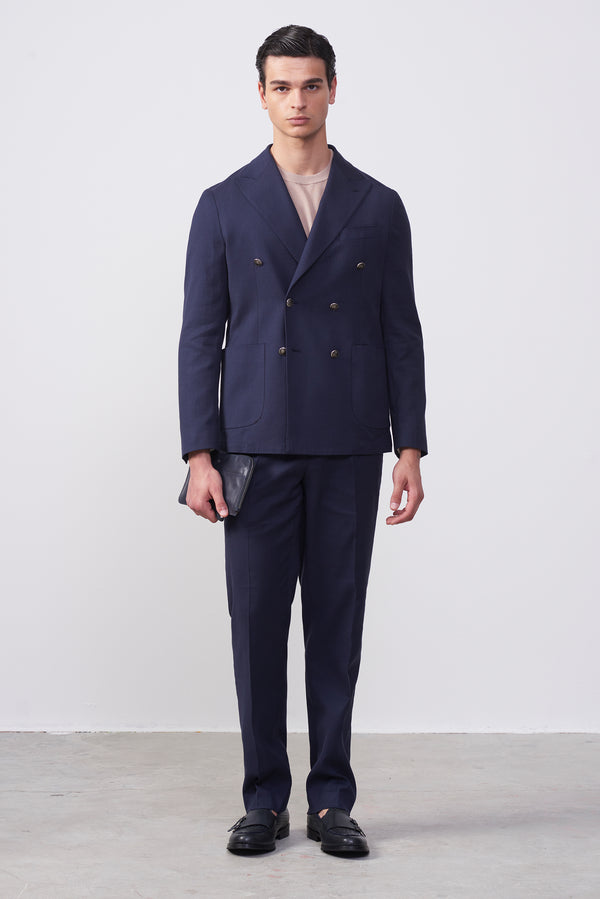 Giacca Doppiopetto Blu Misto Cotone/Lino