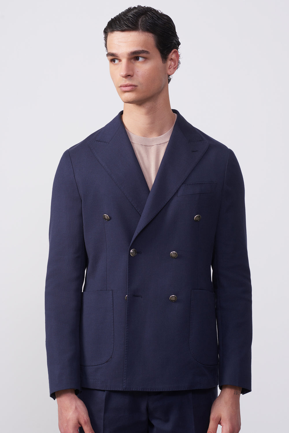 Giacca Doppiopetto Blu Misto Cotone/Lino