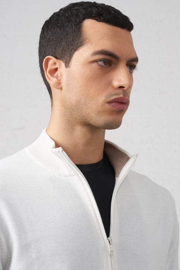 Cardigan Bianco in Cotone con Zip Doppio Cursore