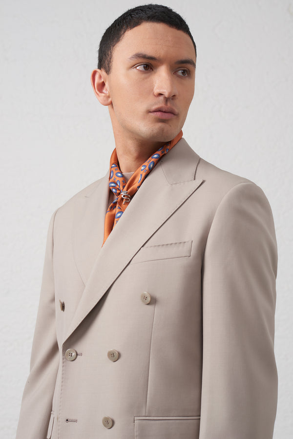 Abito Doppiopetto Beige in Fresco Lana con Pantalone Vita Alta