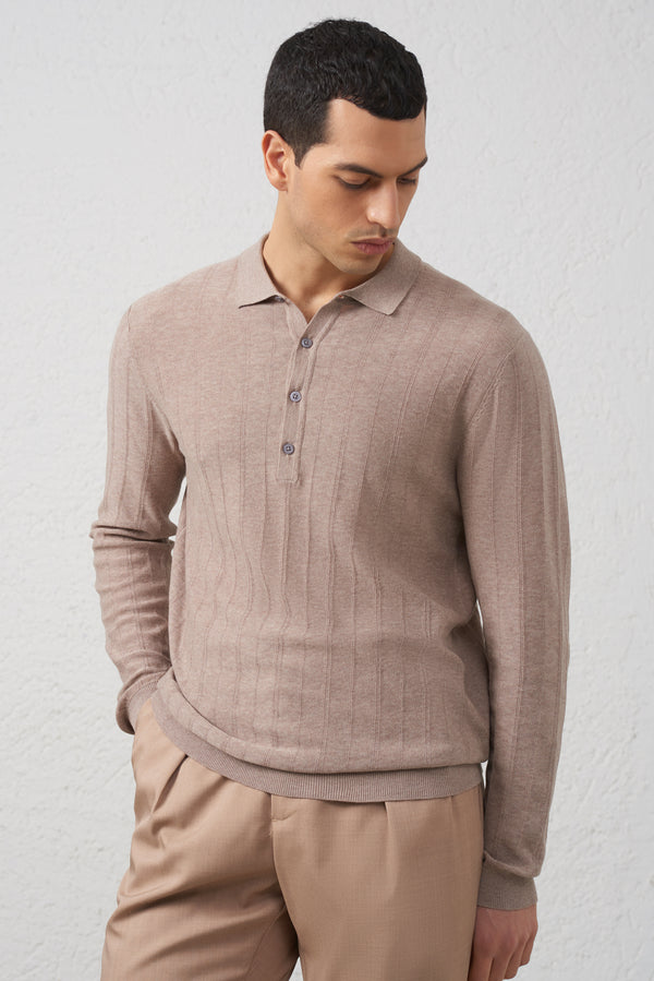 Polo in Maglia Manica lunga in Cotone Filato 2/60 Sabbia