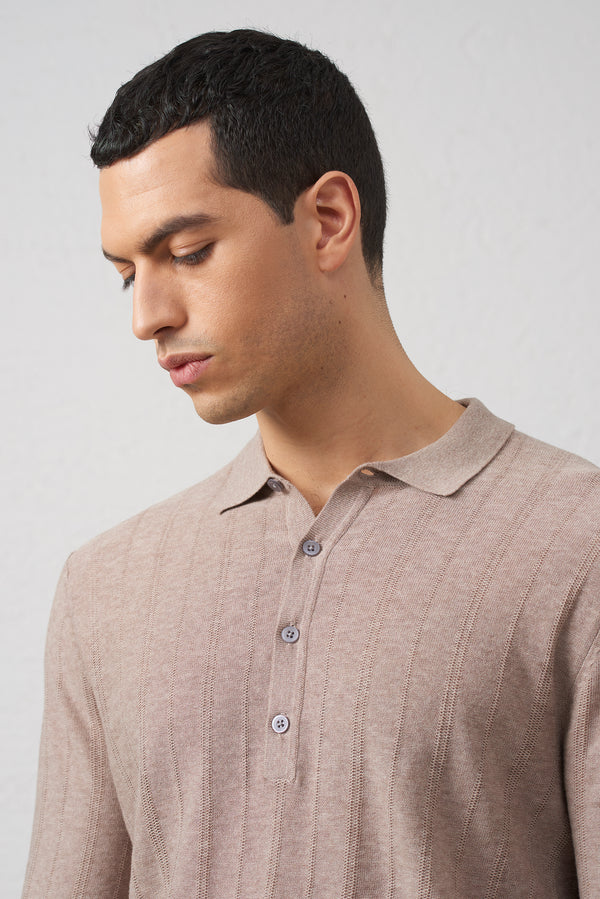 Polo in Maglia Manica lunga in Cotone Filato 2/60 Sabbia