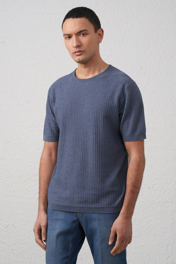 Maglia Blu Melange in Filo di Cotone 100% Manica Corta