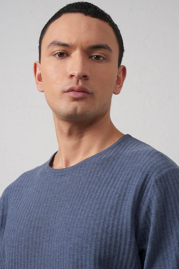 Maglia Blu Melange in Filo di Cotone 100% Manica Corta